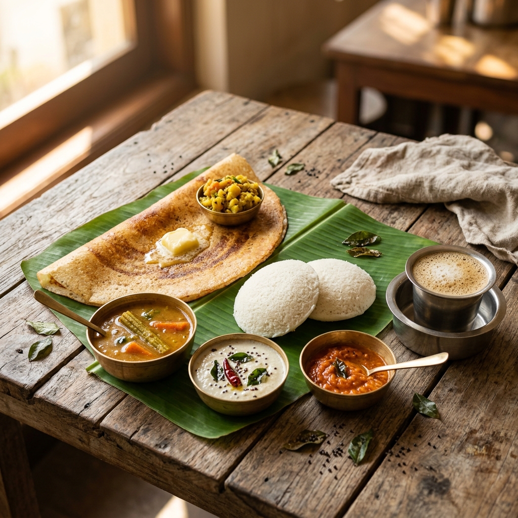 South Indian breakfast spread at Majaa Thindi